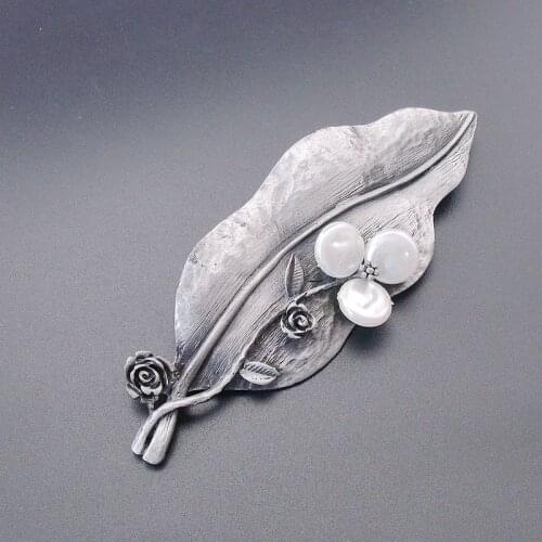 2017 Trendy New Flower Men Jewelry Black Tone Shell Pearl Leaf Floral Lady Sweater Brooch Pin, Item NO.: BH7963