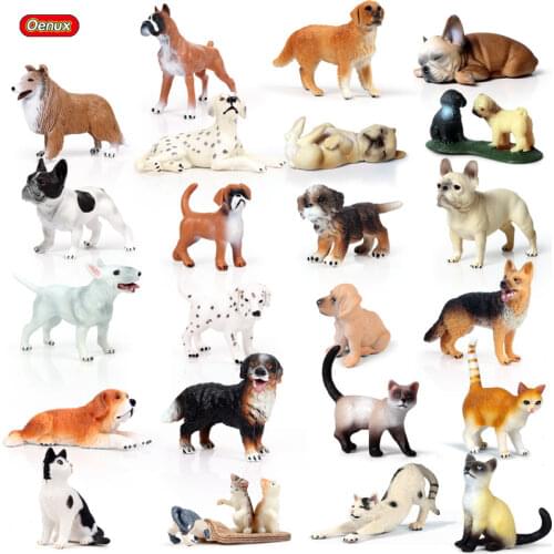 Oenux Genuine Mini Animals Dog Model Simulation Farm Animal Cat Pug Bulldog Figurines PVC Educational Action Figure Toy Kid Gift