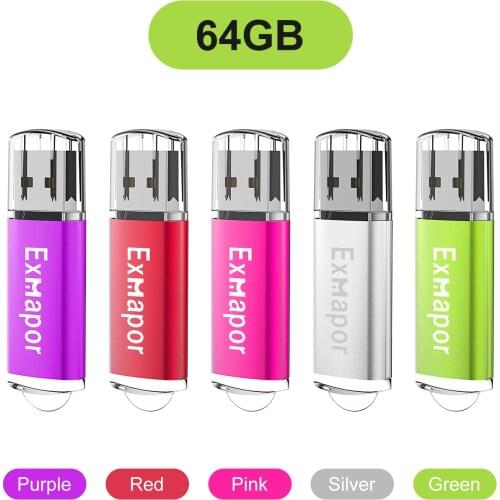 Exmapor 64GB USB 2.0 Flash Drive 64 GB Thumb Drives with Cap Zip Drive Memory Stick with Led Indicator, Silver/Red/Purple/Pink