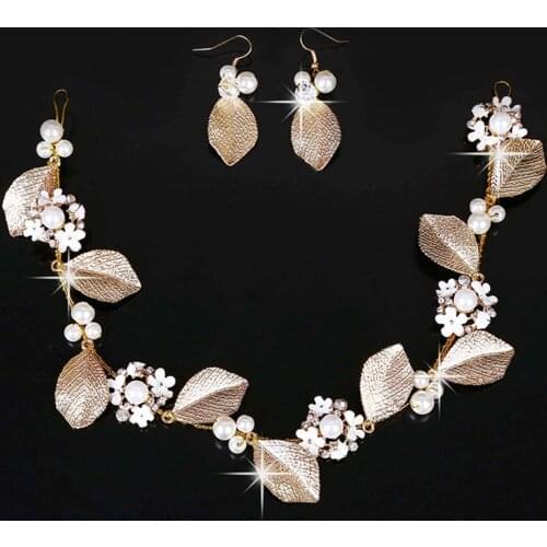 Headwear Earings Bride Headdress Set Handmade Sweet Korean Leaf Jewelry Wedding Wedding Gold Flower Retail BN
