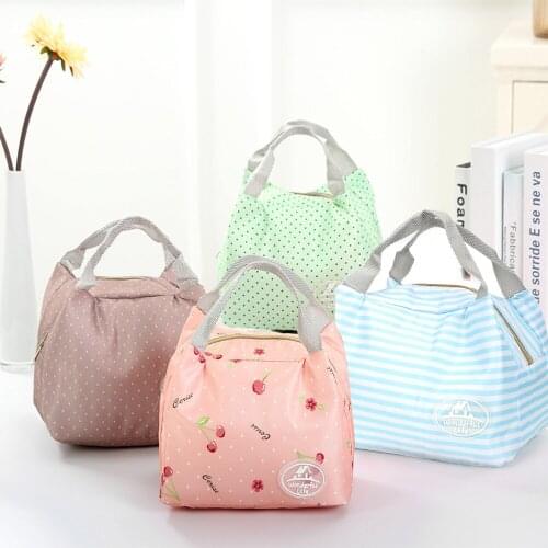 Canvas Stripe Stripe Warm Lunch Bags Thermal Insulated Cold Food Storage Bag Dot Cherry Lunch Box Bag Portable