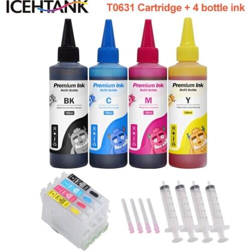 ICEHTANK Ink Cartridge For Epson T0631 Stylus C67 C87 CX4100 CX4700 CX3700 Printer Cartridges + 100ml Bottle Refill Dye ink Kit
