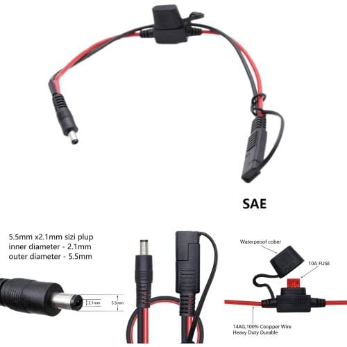 14AWG DC Power 5.5mm x 2.1mm to SAE 2 Pin Quick Disconnect Motorcycle Solar Panel Charger Harness Extension Cable w/ 10A Fuse