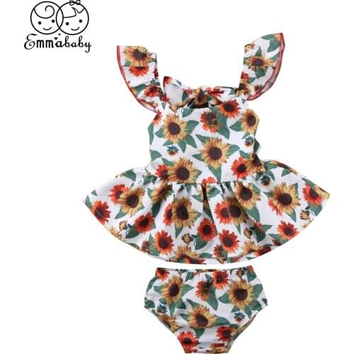 2PCS Newborn Kids Baby Girls Outfits Clothes Sunflower Print Drawstring Sleeveless Top Dress Short Pants Set