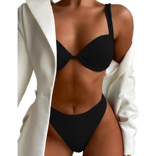 Hot Sexy Push Up Solid Color Underwire Ribbing Bra High Waist Briefs Triangle Bikini Set Bathing Suit Beachwear Swimming Pool