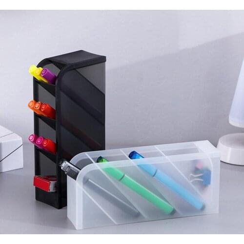 Fashion 4 Grid Desktop Pen Holder Pencil Makeup Brush Cosmetic Organizer Box Large Capacity Home Office Storage Container Case
