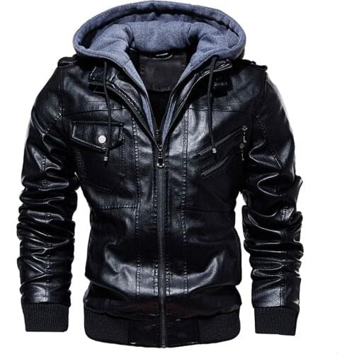 New Brand Hooded Jacket Men Autumn Winter Street Gothic Punk Hat Detachable Motorcycle Biker Jackets Mens Casual PU Leather Coat