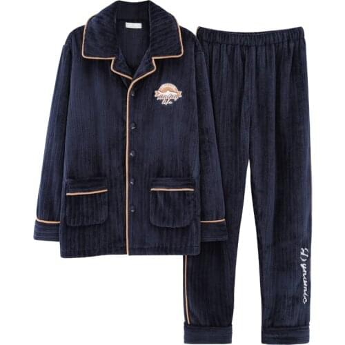 New Autumn Winter Thick Warm Mens Flannel Pajamas Set Long Sleeve Turn-down Collar Plus Size M-4XL Male Sleepwear Pyjama Homme