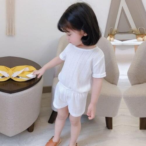 Girl clothes summer two-piece solid color knitted sweatshirt T-shirt + beach pants 2-7Age Beibei casual pajamas quality clothing