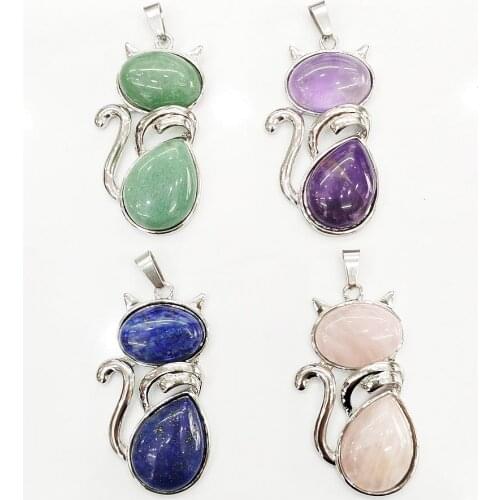 Natural Semi-precious Stone Pendants Cat Shape Retro Alloy Inlaid with Pine Pendant Semi Precious DIY Necklace Accessories