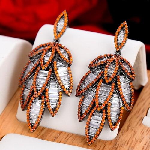 GODKI Trendy Orange Feather Leaf Earring For Women Wedding Cubic Zirconia Dubai Bridal Earrings Costume Jewelry Summer Party