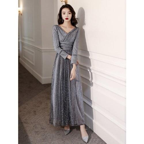 Grey Evening Dress 2020 New Fashion Sexy V-neck Full Sleeve Prom Party Dress Shinning Sequins Banquet Dresses Vestido De Festa