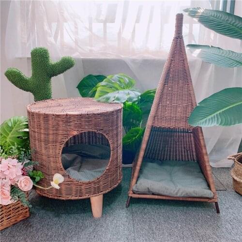 TT Vintage Rattan Pet Bed Pagoda Tent Cat Nest Indian Kennel Cat Mongolian Bag