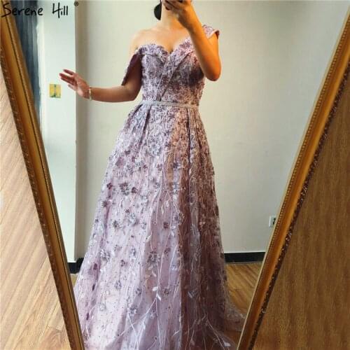 Dubai Purple V-Neck Crystal Sexy Evening Dresses 2020 Sleeveless A-Line Lace Fromal Dresses Long Serene Hill BLA70238
