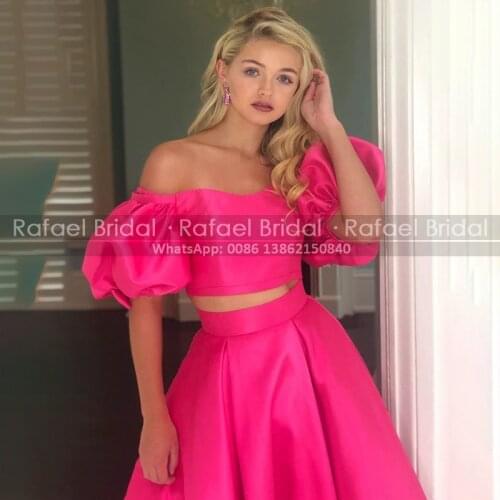 Hot Pink Satin Two Piece Prom Dresses A Line Puff Short Sleeves Boat Neck Long Fuchsia Crop Top Party Dress Off The Shoulder