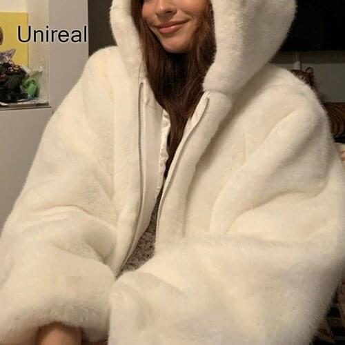 Unireal 2021 Autumn Winter Women Jacket and Coats Warm Thick Casual Outwear Faux Fur White Short Female Hooded Jackets