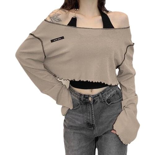 Sexy fashion new Spring and Autumn fall off shoulder tees Womens Clothing halter Women topsTwo-piece loose long-sleeved sweater