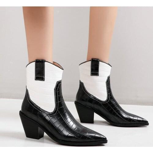 Fashion Snake Mixed Colors Women Ankle Boots Autumn Winter Wedges Heel Westren Boots Ladies Slip On Pointed Toe Shoes Black