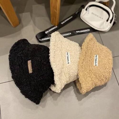 Women Solid Lamb Fleece Bucket Hat Embroidery Letters Fuzzy Faux Fur Bucket Hat Warm Winter Hats Faux Teddy Fur Fisherman Hat