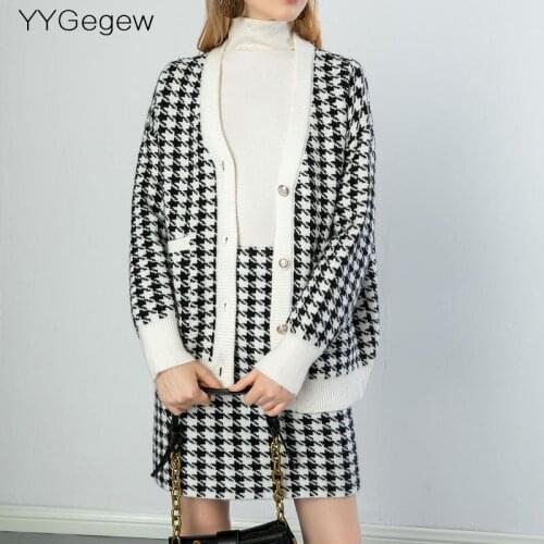 White black thick Houndstooth sweater cardigans jacket ladies new women thick sweater coat v-neck cardigan jacket coat outwear