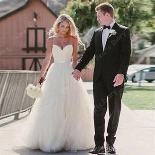 Sweetheart Spaghetti Straps Tulle Bride Dress 2020 Robes Backless Zipper Sweep Train A-line Wedding Dresses Simple Bridal Gowns