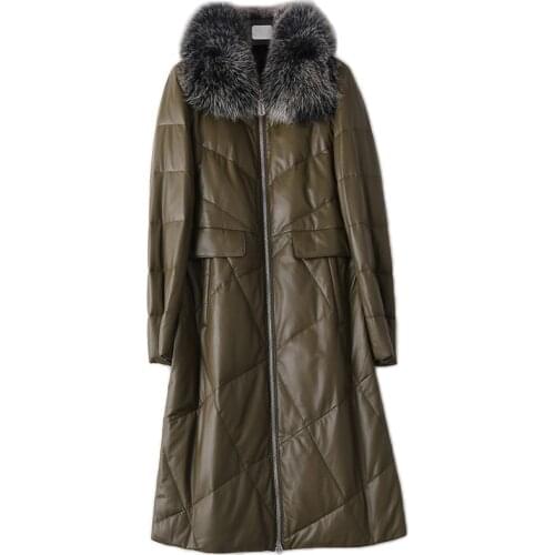 100% Real Sheepskin Coat Female Winter Natural Fox Fur Collar Duck Down Leather Jacket 2020 Long Genuine Leather Jackets 092702B