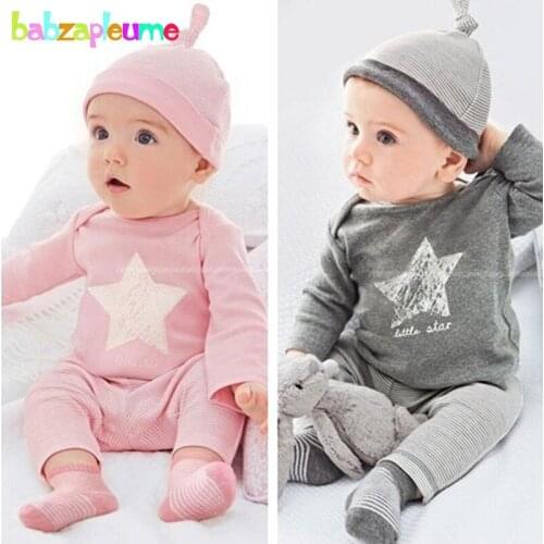 3PCS/0-18Months/Spring Autumn Newborn Baby Girls Boys Clothes Cute Pink Red T-shirt+Stripe Pants+Hats Infant Clothing Set BC1347