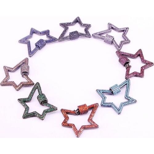 5PCS, Mix Color CZ Micro Pave Star Shaped Crystal Zirconia Clasp Lock Carabiner Pave Lock Jewelry Findings