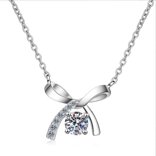 ANZIW Fashion 925 Sterling Silver Moissanite Diamond Neckalces Silver Cute Bow Necklaces Women Wedding Engagement Jewery Gifts