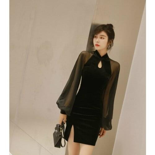 Lantern Sleeve Black Velvet Dress Women Mesh Patchwork Perspective Casual Mini Dress Women Solid Autumn Dress Plus Size Vestidos