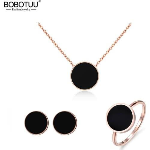 BOBOTUU Black Acrylic Titanium Steel Chokers Necklaces Chain Link Bracelets Stud Earrings Rings Sets Wedding Jewelry BSE001