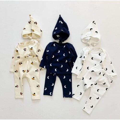 Baby Kids Pajamas Sets Cotton Long Sleeved Tshirt + Pant + Hat 3pcs Full Print Girls Clothing Set Sleepwear Pyjama Trousers Sui