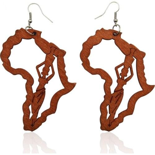 E173 Laser Engraved Afro Wooden Drop Earrings African Motherland Map Ethnic Tribal Pattern Handmade Jewelry For Black Women