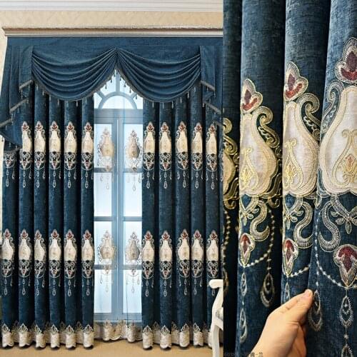 European luxury Embroidered Dark Blue Blackout Curtains For Living Room Luxury Hotels Decro For Bedroom Sheer Tulle Custom 482#4