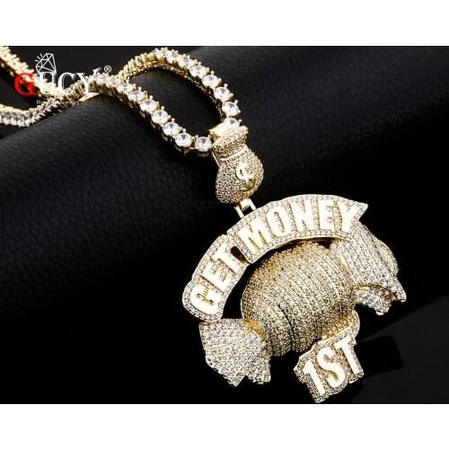 GUCY Get Money Pendant Necklace Charms Tennis Chain Gold Color Cubic Zircon Mens Hip hop Jewelry