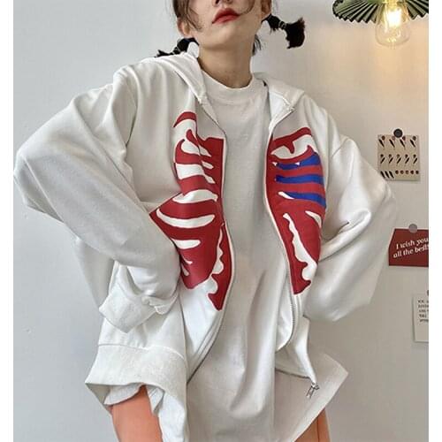 Y2K Harajuku Korean Zip Up Top Skull Print Grunge Punk Long Sleeve Hooded Jacket Black Vintage Hoodie Loose Oversized Sweatshirt