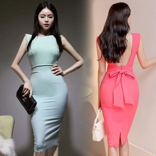 Summer Dresses Sleeveless Korean Bodycon Bandage Pink Blue Dress Women Evening Elegant Sexy Party Midi Pencil Sundress Clothes