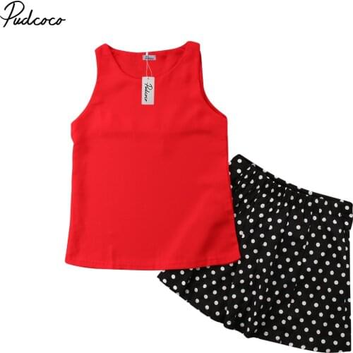 Summer Casual Sleeveless Girls Kids Toddler Chiffon Tops Dot Skirt Outfits Set Clothes Sunsuit
