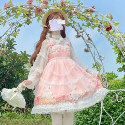 Kawaii Japanese Soft Sister Lolita Daily Dress Jsk Strap Dress Female Cute Rabbit Rose Dress Cute Gothic Sweet Lolita Dress