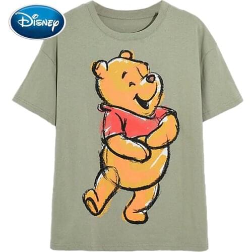 Disney T-Shirt Fashion Winnie the Pooh Bear Cartoon Print Short Sleeve O-Neck Harajuku Women Cotton Korea Female Tee Tops Green
