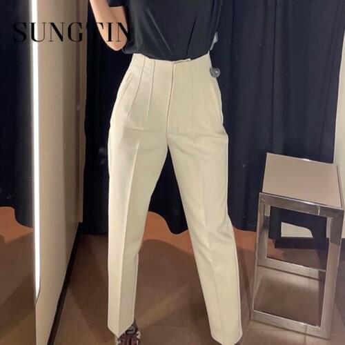 Sungtin Fashion Straight High Waisted Pants Women Casual Solid Office Lady Pants Korean Chic Loose High Quality Trousers 2021