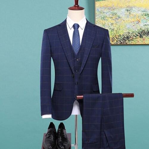 Men 2021 Slim Fit 3 Piece Set Plaid Suits Stylish Wedding Blazers Male Business Casual Formal Wear Dress Jacket Pants Vest