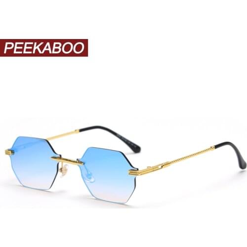 Peekaboo retro mirror sunglasses for men gold metal hexagonal rimless ladies sun glasses vintage green blue frameless uv400 2022