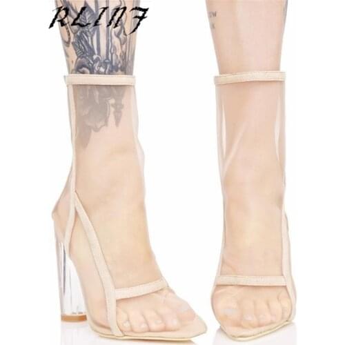 RLINF Transparent Mesh Sexy PVC Transparent Peep Toe Chunky Heels Boots 33-34-38-39-42-46-47-48