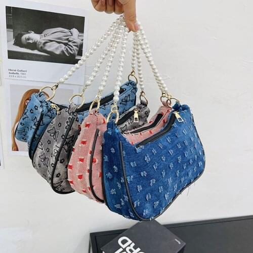 Popular Denim Ladies Shoulder Bags Women Printing Underarm Bag Female Chain Pearl Zipper Shopping Armpit Bags