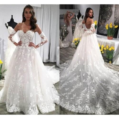 Romantic A Line Wedding Dresses Backless Modern Lace Appliques Wedding Gowns Plus Size Flower Sweep Train Bride Dresses