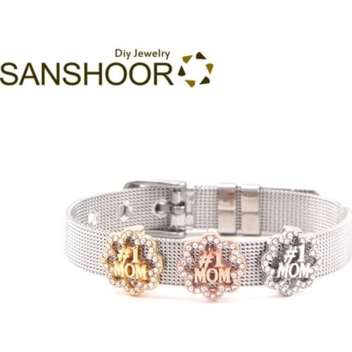 SANSHOOR Crystal #1 MOM Flower Slide Charms Fit 10mm Wide Wrapped Leather Keeper Bracelet For Women Mothers Day Gifts 3Pcs