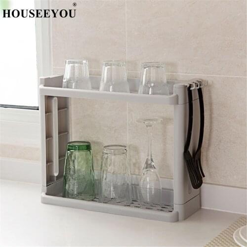Kitchen Floor Type Double Layer Glass Cup Mug Drain Racks Seasoning Spices Oil Bottle Storage Rack Home with Knife Holder Hook