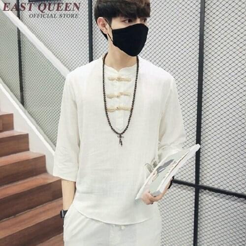Traditional mens clothing Chinese oriental button linen white shirts solid color three-quarter sleeves linen clothing KK994 HQ