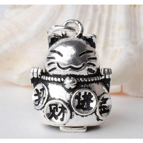 Solid 925 Sterling Silver fortune cat Pendant Charm Beads, Thai Silver lucky cat spacer bead charms for silver jewelry